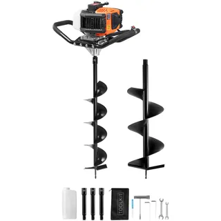 Vevor Erdbohrer mit Benzinmotor, 52 CC, 1450 W, Benzinbohrer mit 6- und 10-Zoll-Bohrkronen und 3 Verlängerungsstangen, Lochbohrer für Pfostenzäune für Ackerland, Gartenpflanzen, Orange+Schwarz