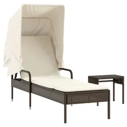 vidaXL Sonnenliege mit Dach und Tisch Braun Poly Rattan