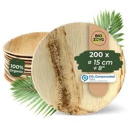 BIOZOYG 200 Stück Einwegteller Ø 15cm Palmblatt-Teller, rund, biologisch abbaubar, umweltfreundlich, kompostierbar, wiederverwertbar, Wegwerfteller