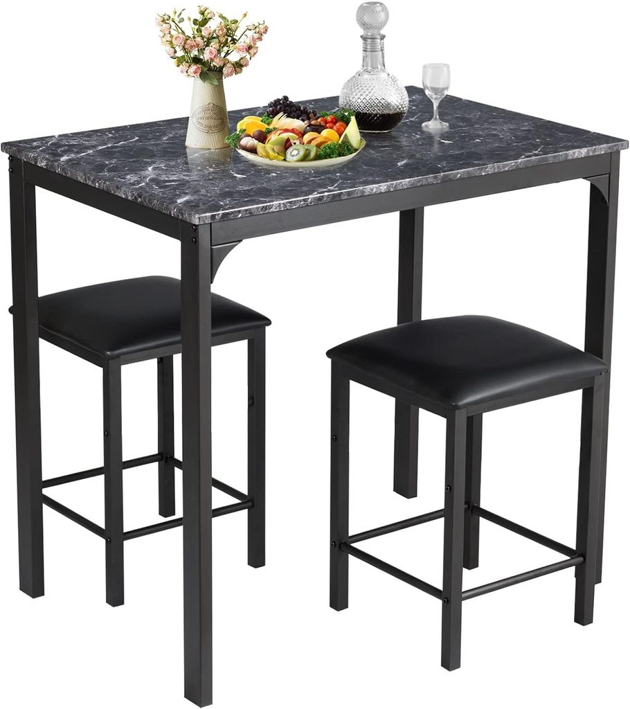 COSTWAY 3 teiliges Esstisch Set, Bartisch Set mit 2 Barhockern, Essgruppe mit gepolsterten Stühlen, Küchentisch Stehtisch mit Metallgestell für ...