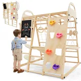 SPYLAVE Maxi Klettergerüst Indoor für Kinder, 12 in 1 Montessori Indoor Spielplatz (Klappbar) aus Holz zum Rutschen & Klettern ab 1 Jahr, mit Schaukel Leiter Rutsche Kletternetz Turnringe, Massiveholz