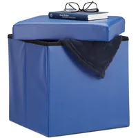 Relaxdays Faltbarer Sitzhocker, Sitzcube mit Stauraum Deckel, Fußablage, Sitzwürfel aus Kunstleder Blau