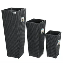 CASARIA Polyrattan Blumentopf 3er-Set 30 x 30 x 80 cm + 24,5 x 24,5 x 61 cm + 21 x 21 x 41 cm schwarz