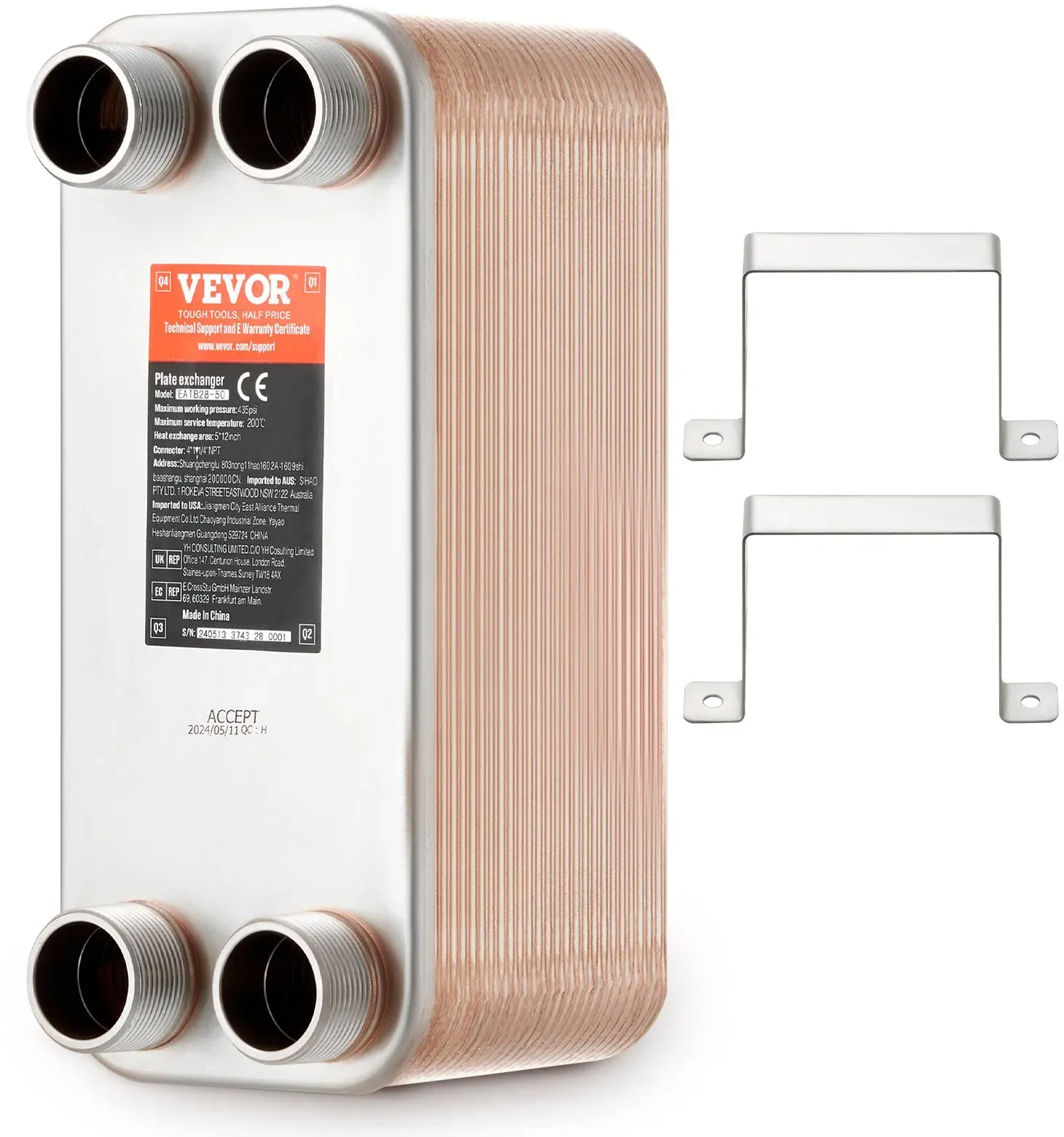 VEVOR 50 Plattenwärmetauscher 4x1-1/4Zoll MNPT-Anschlüsse 316L Edelstahl