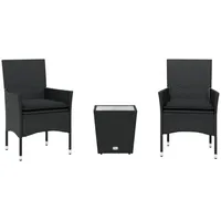 vidaXL 3-tlg. Bistro-Set mit Kissen Schwarz Poly Rattan und Glas