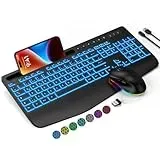 Tastatur Maus Set Kabellos, 7 Farbige Hintergrundbeleuchtung, Handballenauflage, Wiederaufladbare Ergonomische Tastatur mit Telefonhalterung, Leise Beleuchtete für Windows, Mac, PC, Laptop-SABLUTE