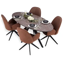 Homestyle4u Essgruppe Esstisch Oval mit 4 Polsterstühlen Bouclé