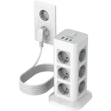 TESSAN Mehrfachsteckdose mit Verlängerungskabel 5M, 12 Fach Steckdosenleiste mit USB C und 2 USB A, Steckerleiste Überspannungsschutz, 3600W Steckdosenturm Verteilersteckdose für Zuhause, Grau