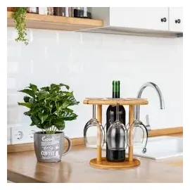 Relaxdays Weinglashalter, Bambus, für 6 Gläser, rund Ø 25cm, Weingeschenk, Bar, Weinbutler mit Weinflaschenhalter, natur 1 Stück