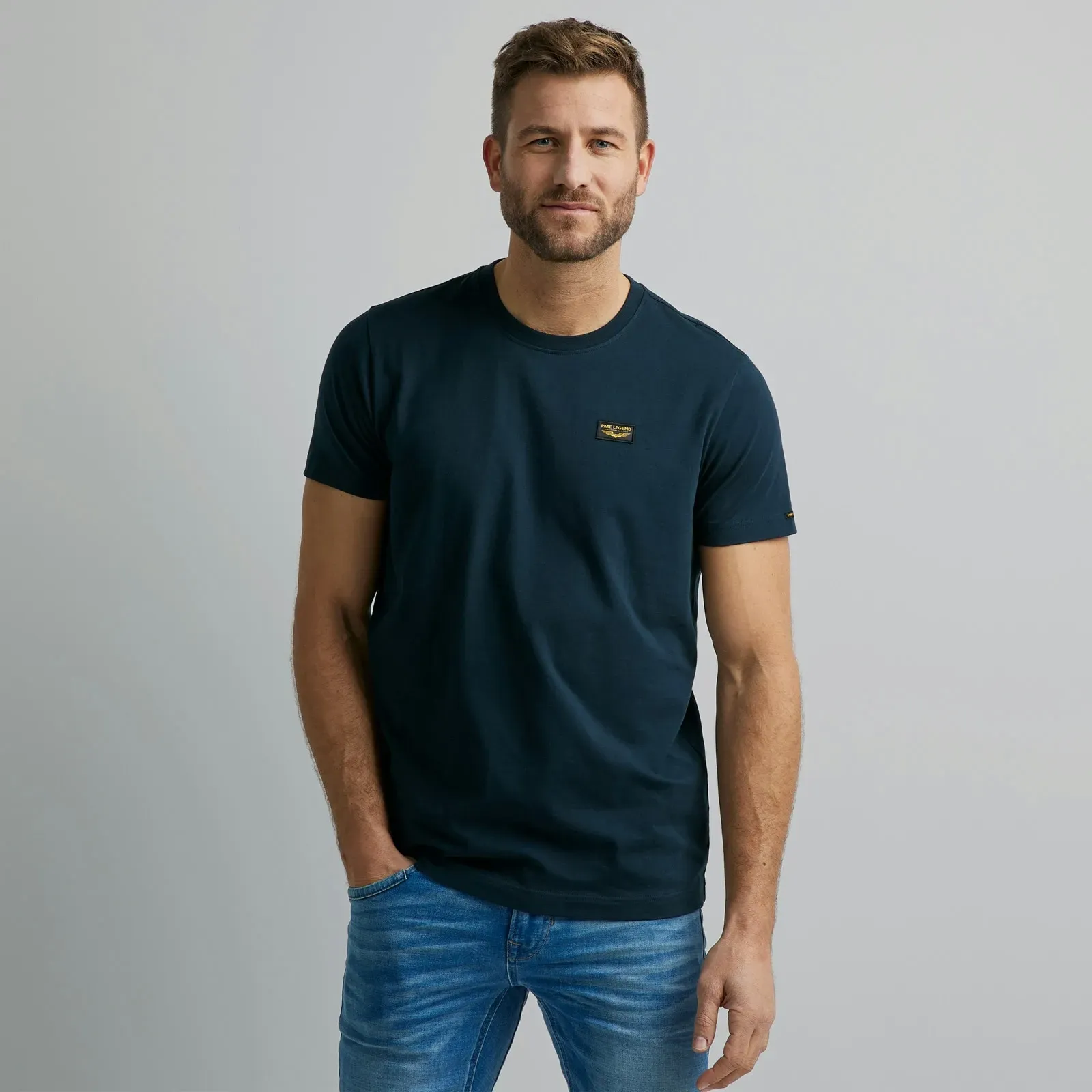 T-Shirt PME LEGEND, Herren, Gr. XXXL (62), blau (marine), Jersey, Obermaterial: 95% Baumwolle, 5% Elasthan, unifarben, normal normal, Rundhals, gerader Abschluss, Shirts T-Shirt, mit Logobadge