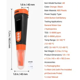 Vevor TDS-Messgerät, Messbereich 0–9990 ppm, EC/TDS-Mehrparametermessung, Digitales Wassermessgerät mit Automatischer Zeitregelung, Übersichtliches VA-Display, für Trinkwasserqualitätsprüfung