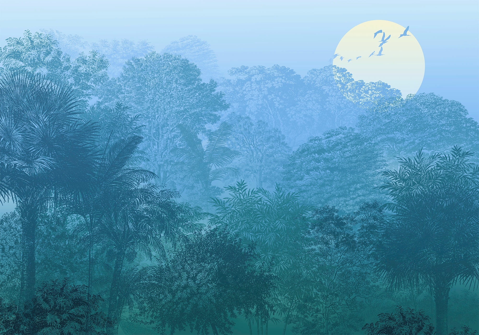 KOMAR Vliestapete "Deep in the Jungle" Tapeten Gr. B/L: 400 m x 280 m, Rollen: 1 St., bunt (blau, grün, weiß) Blumentapeten