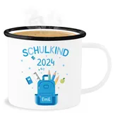 Emaille Becher Blechbecher - Einschulung Schulanfang Tasse - Schulkind 2024-300 ml - Weiß Schwarz - 2023 schulanfänger name tassen namenstasse einschulung-schulkind jetzt schuleinführung