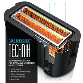 Arendo Toaster 4 Scheiben, Langschlitztoaster, Langschlitz, Edelstahl, 1500W, Display mit Restzeitanzeige, Brötchenaufsatz, Defrost Funktion, Wär... - Schwarz