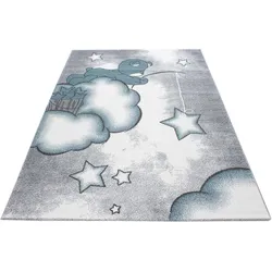 Kinderteppich AYYILDIZ TEPPICHE "Kids 580" Gr. 2, blau, B:80cm H:12mm L:150cm, Kunstfaser, Teppiche, Teddybär, Sterne Design, Kurzflor