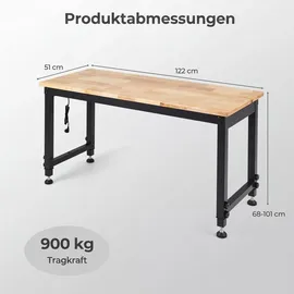Fantask COSTWAY 122cm schwerlast Werkbank, höhenverstellbarer Arbeitstisch mit Metallrahmen, Lochwand, Steckdose & 2,5cm Massivholzplatte, Werktisch bis 9... - Schwarz/Naturbelassen