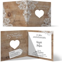 60 x Lasergeschnittene Hochzeitseinladungen silberne Hochzeit Silberhochzeit Einladungen individuell - Rustikal mit weißer Spitze