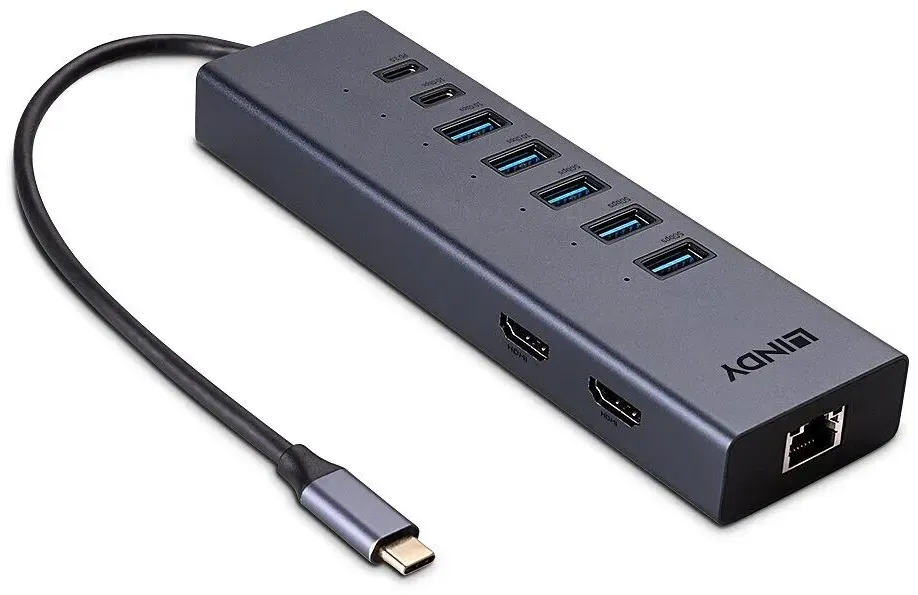Lindy 43373 laptop-dockingstation & portreplikator Kabelgebunden USB 3.2 Gen 2 (3.1 Gen 2) Type-C Grau