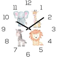 Levandeo® Wanduhr (Wanduhr Zootiere 30x30cm Glas Kinder Uhr Glasbild Löwe Elefant)