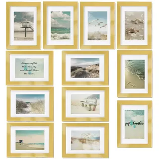 bomoe 12er Bilderrahmen Set Ocean – Fotorahmen Collage für 13x18 cm Bilder Holzbilderrahmen mit Passepartout - Bilder Collage Fotorahmen aus Holz & Kunststoffglas - Fotowand Bilder Set Gold