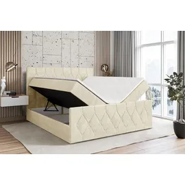 altdecor Boxspringbett mit Matratze Topper, Polsterbett mit Bettkasten VELANTO | Beige Monolith | 140x200