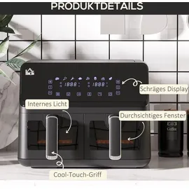 Homcom Dual Zone Heißluftfritteuse 8-in-1 8 L Airfryer 2 Kammern mit Sichtfenster, 2500W Heissluftfritteuse mit Innenbeleuchtung, Timer, 80-200°C, - Schwarz