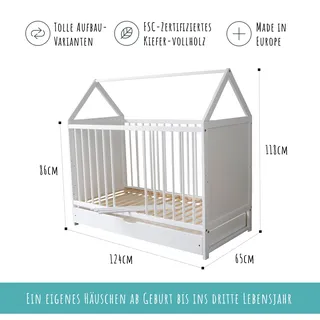 Kids Collective Babybett Beistellbett Kinderbett und Hausbett in einem - 120x60 weiß mit Schublade und Matratze, höhenverstellbar und umbaubar | Weiß
