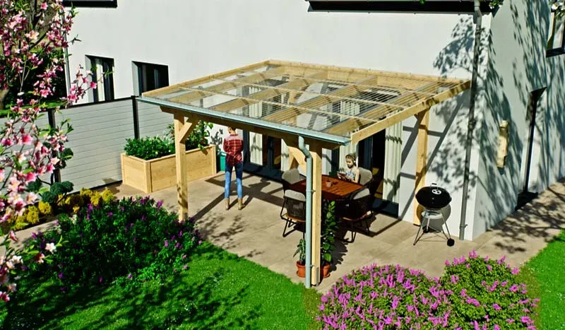 Holz Terrassenüberdachung - Bronze - Glasklar. Bronze, Silbergrau / Grau - aus KVH (Konstruktionsvollholz) / Polycarbonat Wellplatte / PVC