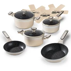 STONELINE® Creme Kochgeschirr-Set 11-teilig mit Deckeln, beschichtete Töpfe & Pfannen