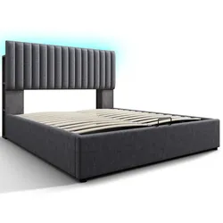 Merax Polsterbett Stauraum Doppelbett LED App-Control Bett mit aufladen USB Type C, Verstellbares Kopfteil ,160x200cm, Grau