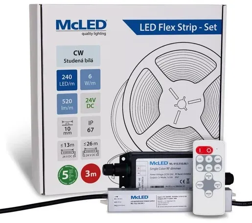 McLED LED-Band - Satz 3 m + Empfänger Nano IP67, 240 LED/m, CW, 6 W/m, DC 24V, 520 lm/m, CRI90, IP67, 10 mm, Konduktor 3 m ML-126.032.90.S03002