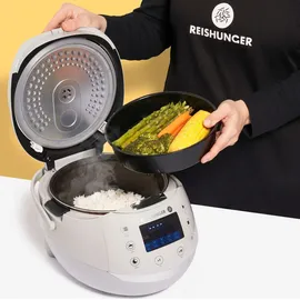 Reishunger Digitaler Reiskocher, Grau (860W/1,5l) für bis zu 8 Personen, Multikocher mit 12 Programmen, Timer- und Warmhaltefunktion inkl. Reishunger - Grau