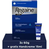 REGAINE Männer Schaum: 3-Monatspackung mit 50 mg/g Minoxidil, stoppt erblich bedingten Haarausfall bei Männern und regt das Haarwachstum an, 3 x 60 g + Neutrogena Mini Handcreme
