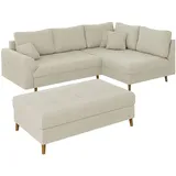 s-style möbel Ecksofa mit Schlaffunktion und Hocker mit Braun Holzfüßen im skandinavischen Stil aus Beige, Cord-Stoff,