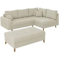 s-style möbel Ecksofa mit Schlaffunktion und Hocker mit Braun Holzfüßen im skandinavischen Stil aus Beige, Cord-Stoff,