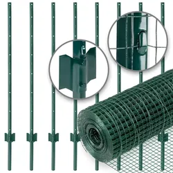 VOSS.farming Gartenzaun-SET: Volierendraht 10mx100cm, grün + 8x Metall Zaunpfosten