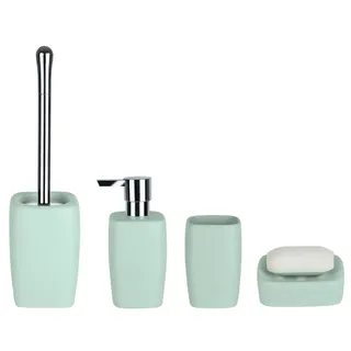 spirella Badaccessoires-Sets RETRO Pastell, Zubehör-Set aus hochwertiger Keramik, 4 tlg., bestehend aus: WC-Bürste, Seifenspender, Zahnputzbecher, Seifenschale, elegante Matt-Optik in zarten Pastell Trendfarben, pastellgrün mint, Komplett-Set Badezimmerzubehör, 4 tlg. grün