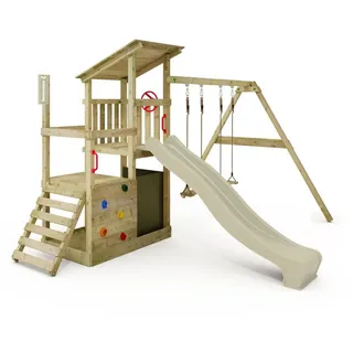 FATMOOSE Spielturm Klettergerüst FruityForest mit Schaukel & Rutsche, Kletterturm mit Sandkasten, Leiter & Spiel-Zubehör – salbeigrün / FATMOOSE