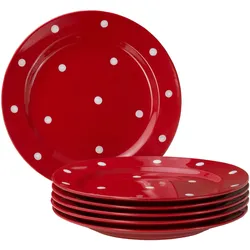 6er Set Essteller flach Emily 27cm rot mit weißen Punkten