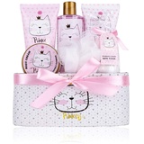 Accentra – Geschenkset Princess Kitty für Mädchen & Frauen – 7-teiliges Duschset mit Schaumbad, Peeling, Duschgel, Bodylotion & mehr – Pflegeset mit Erdbeer & Vanille Duft in süßer Geschenkbox