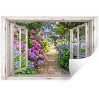 MuchoWow Wandsticker Hortensie - Fensterblick - Fenster - Blumen - Sommer - Lila - Weg (1 St), Wandtattoo, Selbstklebend, Wohnzimmer, 30x20 cm bunt 30 cm x 20 cm x 0.1 cm