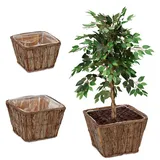 Relaxdays Blumentopf, 3er Set, Holz, Pflanzenkorb mit Folie, 3 Größen, Blumen - Kräuter, Pflanzgefäße quadratisch, Natur