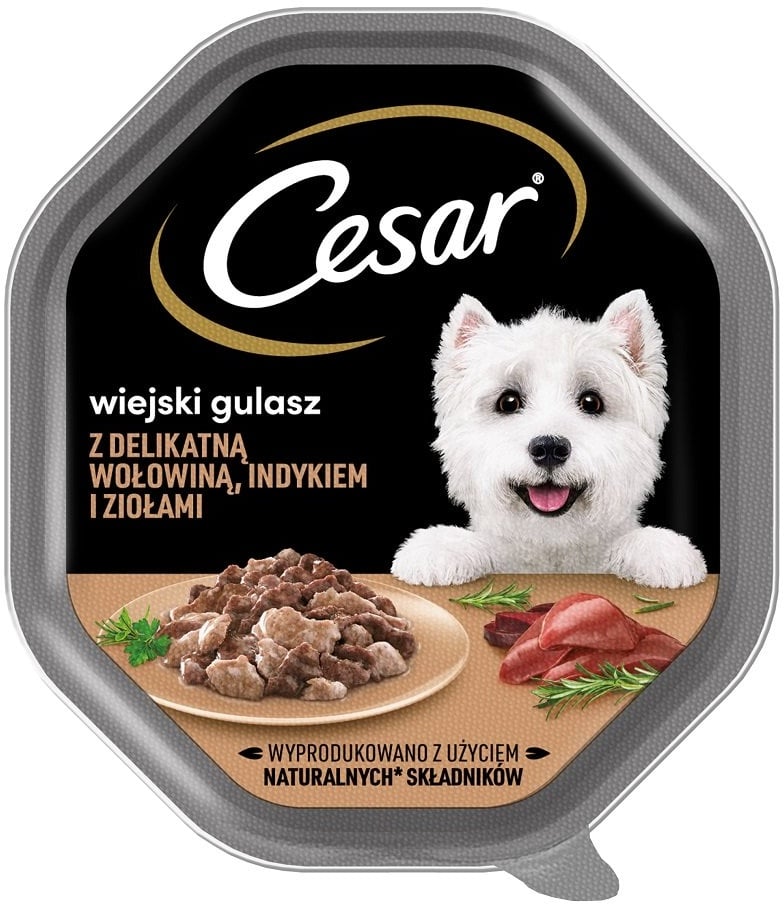 CESAR Schale 14x150 g Nass-Alleinfutter für ausgewachsene Hunde in Sauce mit zartem Rindfleisch, Pute und Kräutern