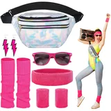 MengQiLe 90er Jahre Accessoires, 80er Jahre Kleidung Outfit Damen Set mit Bauchtasche, Stirnband, Beinwärmer, Armbänder, Brille und Ohrring für 80er 90er Jahre Neon Kostüm Partys