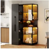 Flieks Glasvitrine Eckschrank Hochschrank mit LED-Beleuchtung, Ausziehregal, Glastüren (1-St., 70×38×160 cm) multifunktionaler Mehrzweckschrank Standvitrine Eckvitrine Schwarz schwarz