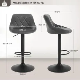 Woltu Barhocker 2er Set, Barstuhl, Gute gepolsterte Sitzfläche aus Samt, Höhenverstellbar, Drehbar, Dunkelgrau