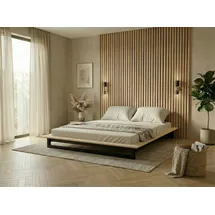 OTTO home Futonbett OTTO HOME "Kobe, Massivholzbett aus Kiefer im Industrial Design, 200 KG belastbar", natur, schwarz, B:165cm H:18,5cm L:225cm, Betten, Futonbett, stabiles Kufengestell, rundum Ablagefläche, FSC, Made in Europe