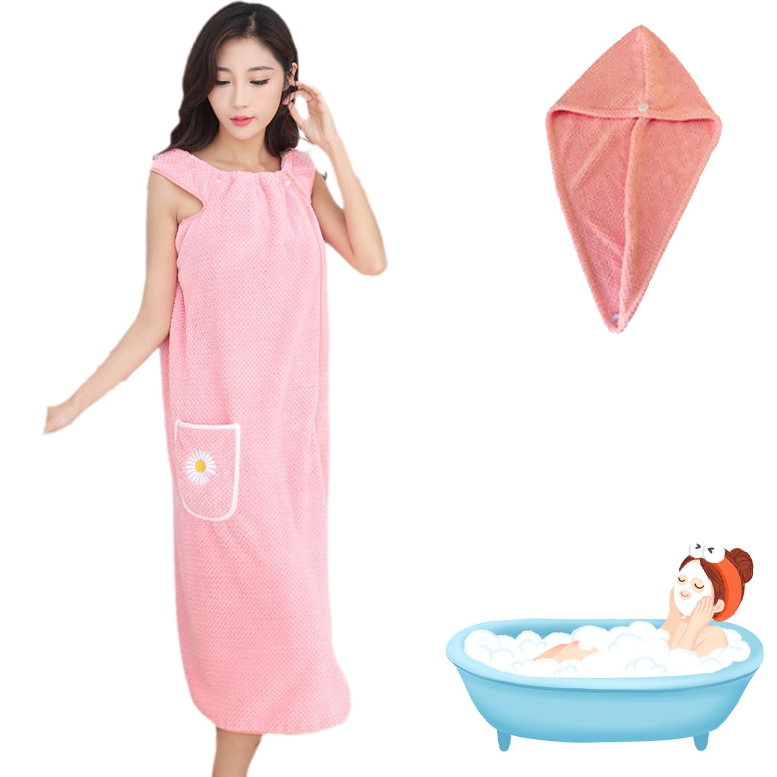 2023 Quick Dry Absorb Water Wearable Bath Towel,Wearable Bathrobes Shower Wrap Towel for Women (Pink,M (143~198 lbs))