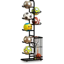 Relaxdays Ballständer, 7 Bälle, mit Korb, Metall, HxBxT: 146 x 58 x 23,5 cm, Ballhalter für Basketball, Fußball, schwarz