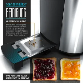 Arendo Toaster 4 Scheiben, Langschlitztoaster, Langschlitz, Edelstahl, 1500W, Display mit Restzeitanzeige, Brötchenaufsatz, Defrost Funktion, Wärmeisolierendes Gehäuse, Silber